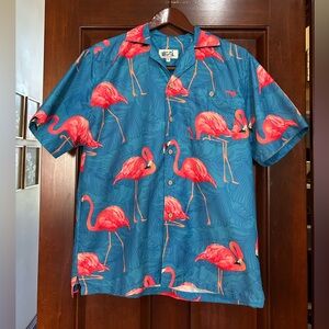 Uzzi Flamingo Hawaiian Shirt Teal Pink Tropical Button Up Small
